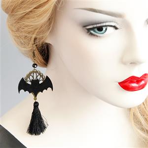 Gothic Style Evil Black Bat with Bronze Metal and Tassel Earrings J18439