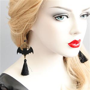 Gothic Style Evil Black Bat with Bronze Metal and Tassel Earrings J18439