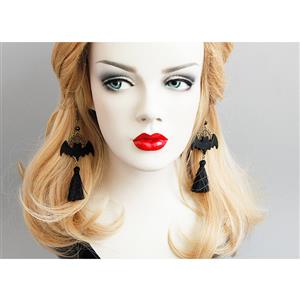 Gothic Style Evil Black Bat with Bronze Metal and Tassel Earrings J18439