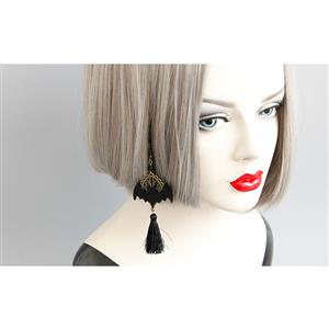 Gothic Style Evil Black Bat with Bronze Metal and Tassel Earrings J18439