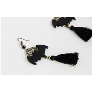 Gothic Style Evil Black Bat with Bronze Metal and Tassel Earrings J18439