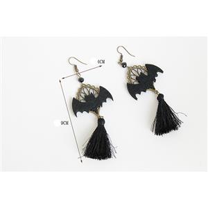 Gothic Style Evil Black Bat with Bronze Metal and Tassel Earrings J18439