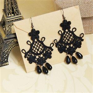 Retro Alloy Earrings, Gothic Style Earrings, Fashion Black Floral Lace Earrings for Women, Vintage Black Floral Lace Earrings, Casual Black Earrings, Vicorian Gothic Earrings, Fashion Black Lace and Beads Drop Earrings, #J18405