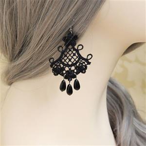 Victorian Gothic Black Floral Lace with Black Beads Drop Earrings J18405