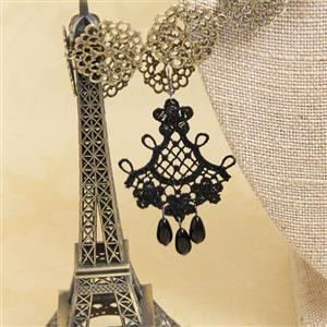 Victorian Gothic Black Floral Lace with Black Beads Drop Earrings J18405