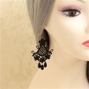 Victorian Gothic Black Floral Lace with Black Beads Drop Earrings J18405