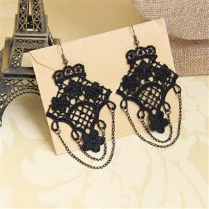 Gothic Style Black Floral Lace with Black Chains Interlaced Earrings J18406