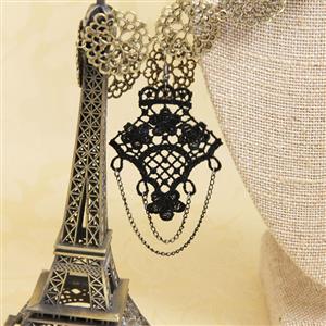 Gothic Style Black Floral Lace with Black Chains Interlaced Earrings J18406