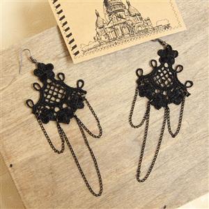 Gothic Style Black Floral Lace and Chains Charm Earrings J18403