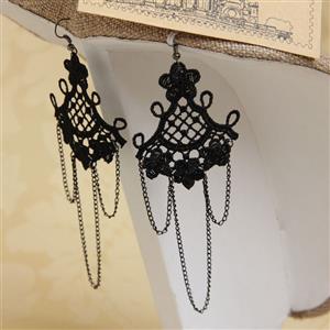 Gothic Style Black Floral Lace and Chains Charm Earrings J18403
