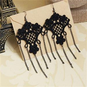 Gothic Style Black Floral Lace and Chains Charm Earrings J18404