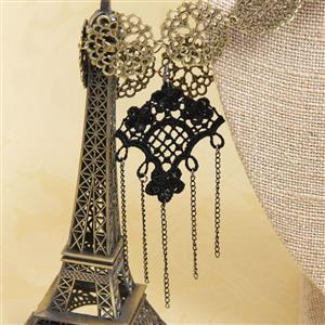 Gothic Style Black Floral Lace and Chains Charm Earrings J18404