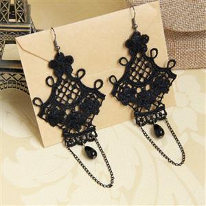 Gothic Style Black Floral Lace with Black Chain and Bead Drop Earrings J18409