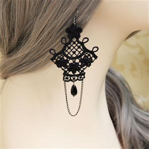 Gothic Style Black Floral Lace with Black Chain and Bead Drop Earrings J18409