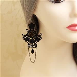 Gothic Style Black Floral Lace with Black Chain and Bead Drop Earrings J18409