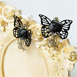 Victorian Gothic Black Butterfly and Rose with Bronze Metal Spider Pendant Earrings J21466