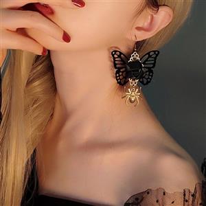 Victorian Gothic Black Butterfly and Rose with Bronze Metal Spider Pendant Earrings J21466