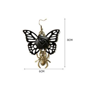 Victorian Gothic Black Butterfly and Rose with Bronze Metal Spider Pendant Earrings J21466