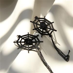 Gothic Style Black Spider Web Modeling with Gem and Black Metal Chains Earrings J18437