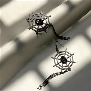 Gothic Style Black Spider Web Modeling with Gem and Black Metal Chains Earrings J18437