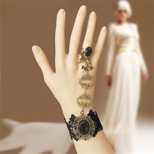 Victorian Gothic Style Lace Wristband Bronze Metal Bracelet with Ring J17678