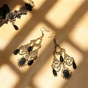 Gothic Style Gorgeous Bronze Metal Modeling with Black Beads and Gem Drop Earrings J18431