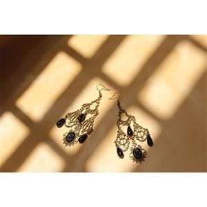 Gothic Style Gorgeous Bronze Metal Modeling with Black Beads and Gem Drop Earrings J18431