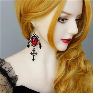 Gothic Style Metal Modeling With Red Gem And Black Beads Pendant Earrings J20109