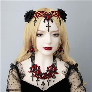 Gothic Style Metal Modeling With Red Gem And Black Beads Pendant Earrings J20109