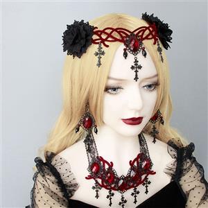 Gothic Style Metal Modeling With Red Gem And Black Beads Pendant Earrings J20109