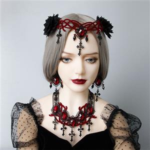 Gothic Style Metal Modeling With Red Gem And Black Beads Pendant Earrings J20109