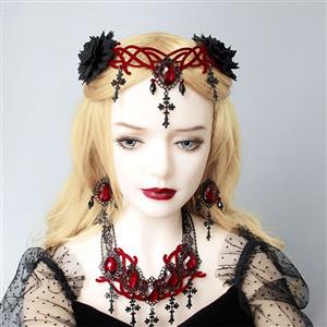 Gothic Style Metal Modeling With Red Gem And Black Beads Pendant Earrings J20109