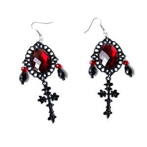 Gothic Style Metal Modeling With Red Gem And Black Beads Pendant Earrings J20109