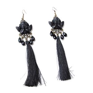 Gothic Black Evil Little Angel And Bead Pendant Tassel Earrings J19685