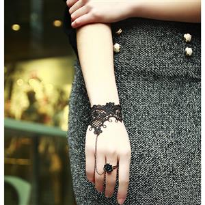 Black Gothic Lace Wristband Bracelet Rose Metal Ring J17679