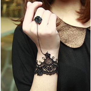 Black Gothic Lace Wristband Bracelet Rose Metal Ring J17679