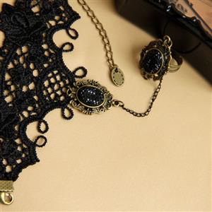 Black Victorian Gothic Lace Wristband Bracelet Metal Ring J17810