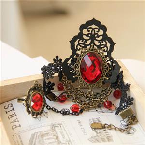 Fashion Black Gothic Vampire Lace Wristband Ruby Bracelet Metal Ring J17844