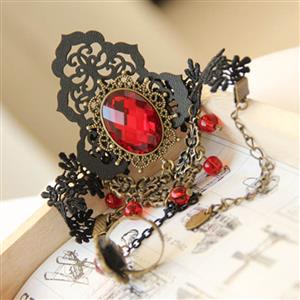 Fashion Black Gothic Vampire Lace Wristband Ruby Bracelet Metal Ring J17844