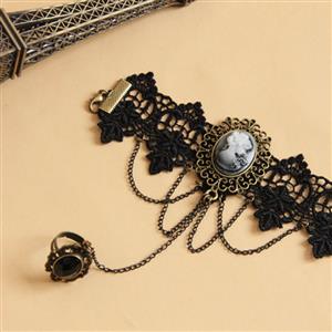 Fashion Black Vintage Gothic Lace Wristband Bracelet Metal Ring J17845