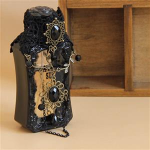 Fashion Black Gothic Lace Wristband Leaf Metal Bracelet with Ring J17847