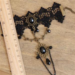 Fashion Black Gothic Lace Wristband Leaf Metal Bracelet with Ring J17847