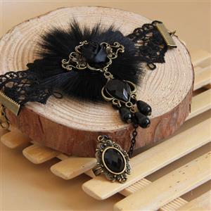 Fashion Black Gothic Lace Wristband Fur Rose Bracelet with Ring J17849