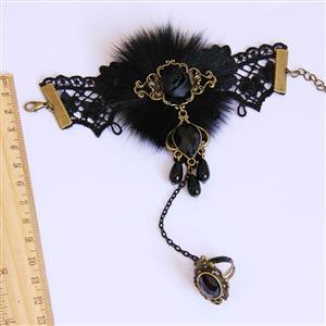 Fashion Black Gothic Lace Wristband Fur Rose Bracelet with Ring J17849