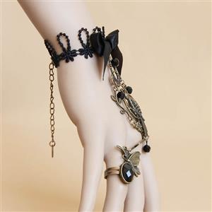 Fashion Black Gothic Bow Lace Wristband Bird Metal Bracelet with Ring J17851