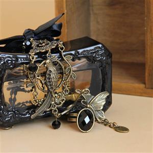 Fashion Black Gothic Bow Lace Wristband Bird Metal Bracelet with Ring J17851