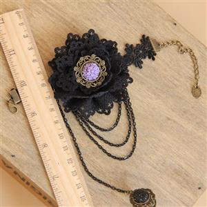 Fashion Black Gothic Lace Wristband Hand-made Flower Bracelet with Ring J17875