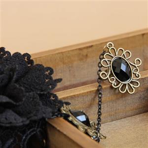 Fashion Black Gothic Lace Wristband Flower Gem Bracelet with Ring J17876