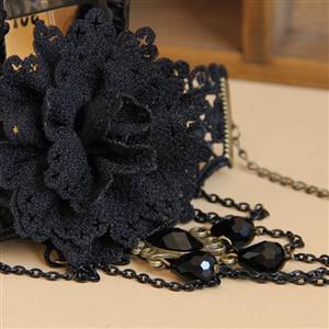 Fashion Black Gothic Lace Wristband Flower Gem Bracelet with Ring J17876