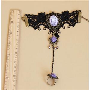 Fashion Black Gothic Lace Wristband Gem Bracelet with Ring J17877